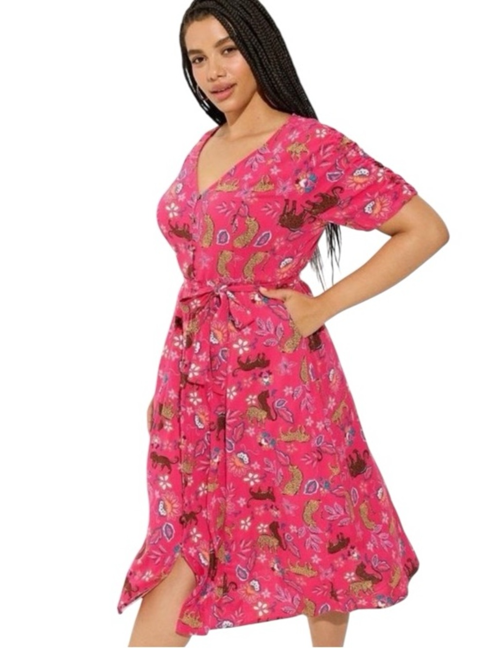 TORRID Midi Rayon Button Front Tie Dress in a Vibrant Pink Leopard Print